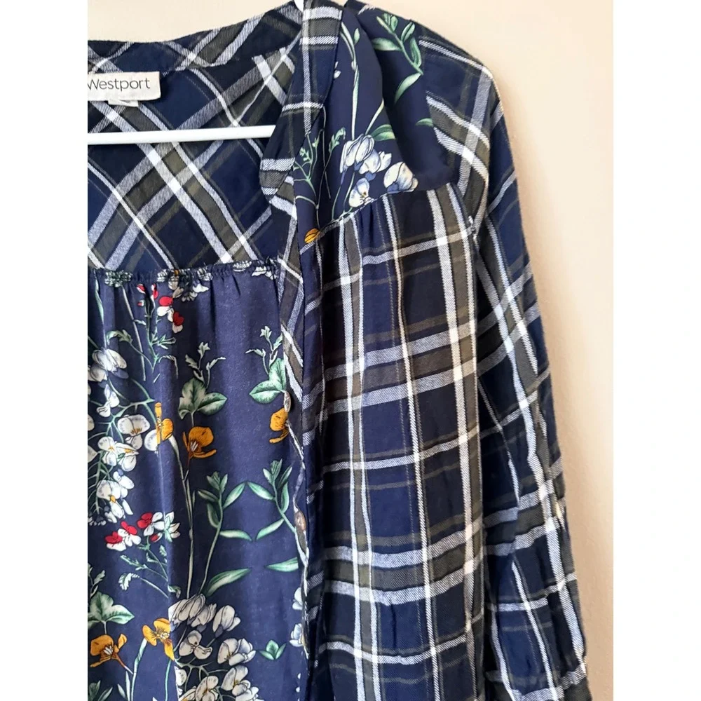 Westport Womens Long Sleeve Plaid Floral Patchwork Top Size L Boho Cottage‎
